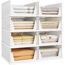 8 Pack Closet Organizers and Storage Plastic Stackable Storage Bins, Foldable Drawer Shelf Storage Container for Wardrobe Kitchen Bathroom Dorm White